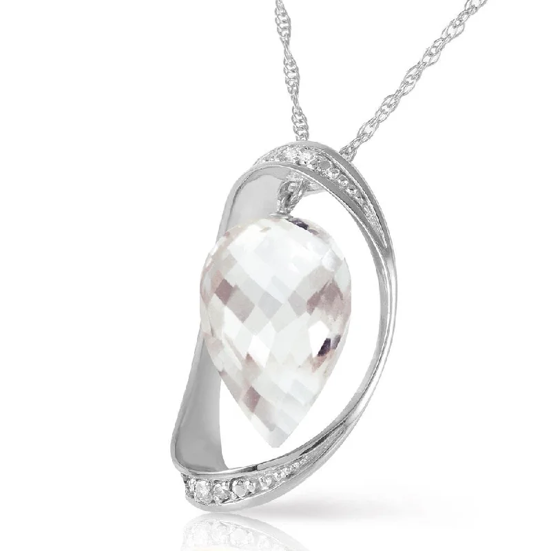 Glossy pearl necklaces-14K Solid White Gold Necklace with Diamonds & Briolette Pointy Drop White Topaz