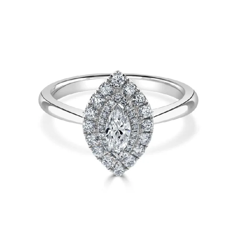 Surf theme engagement rings-Platinum Marquise Shaped Diamond Double Halo Cluster Ring