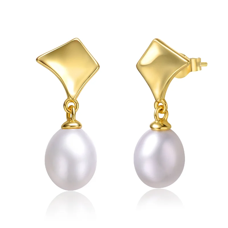 Sterling Silver 14k Yellow Gold with White Pearl Drop Geometric Shield Retro Dangle Earrings