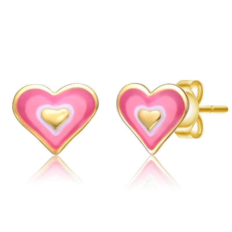 Toddler/Kids 14K Gold Plated Pink & White Enamel Heart Stud Earrings