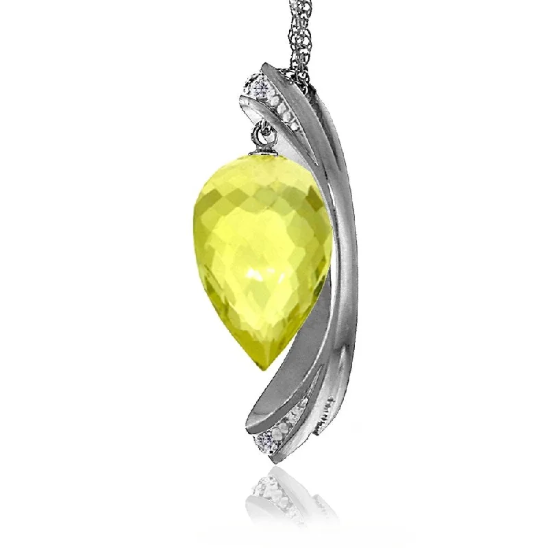 Reef knot necklaces-14K Solid White Gold Necklace with Diamonds & Briolette Pointy Drop Lemon Quartz