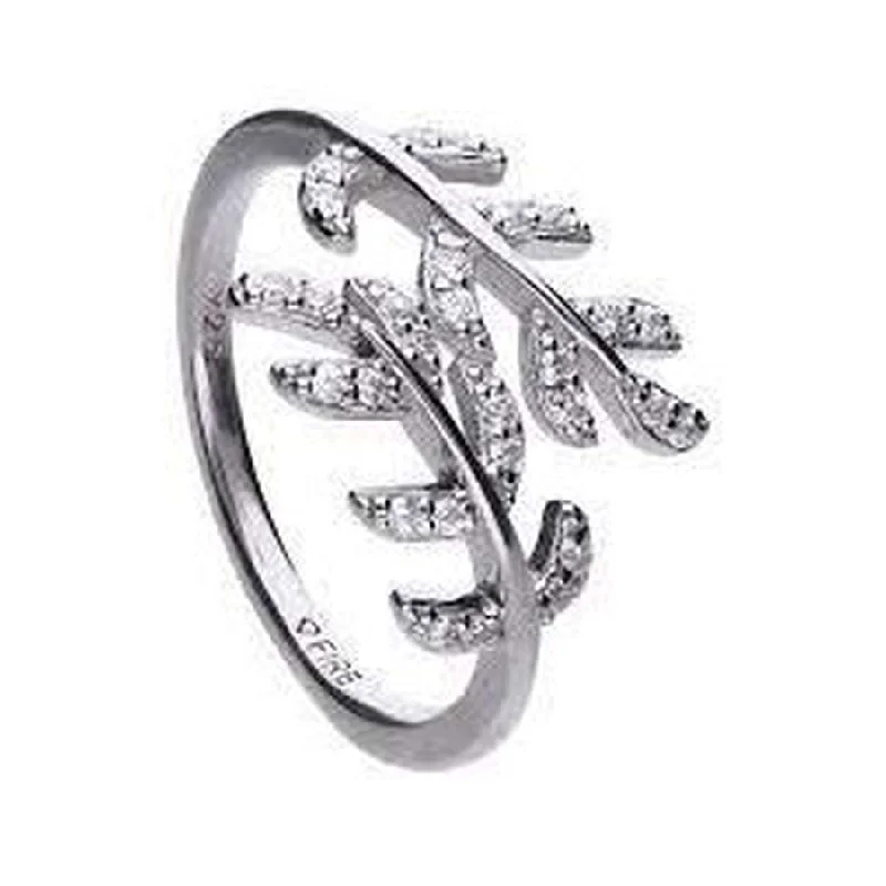 Rose stone engagement rings-Silver Cubic Zirconia Set Leaf Crossover Ring, size L