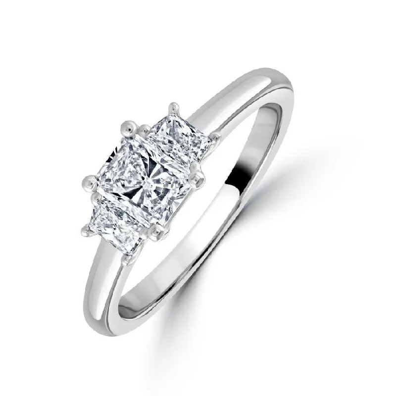 Multi-gem engagement rings-Platinum Rectangular & Trapiezoid Cut Diamond Trilogy Ring