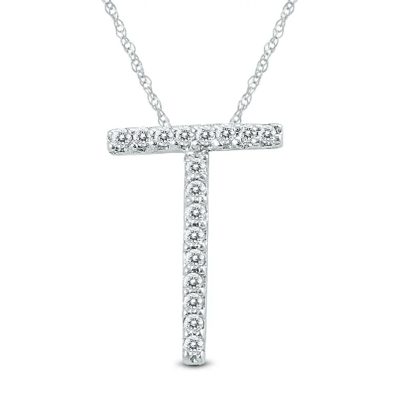 Victorian style necklaces-Marquee 1/10 Carat TW T Initial Diamond Pendant Necklace in 10K White Gold with Adjustable Chain