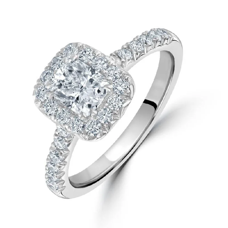 Flex band engagement rings-Platinum Cushion Cut Diamond Halo Ring with Diamond Shoulders