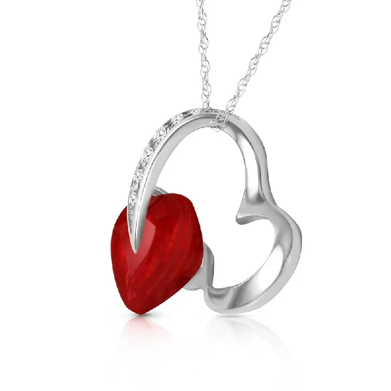 Oval stone necklaces-14K Solid White Gold Heart Necklace withNatural Diamond & Ruby