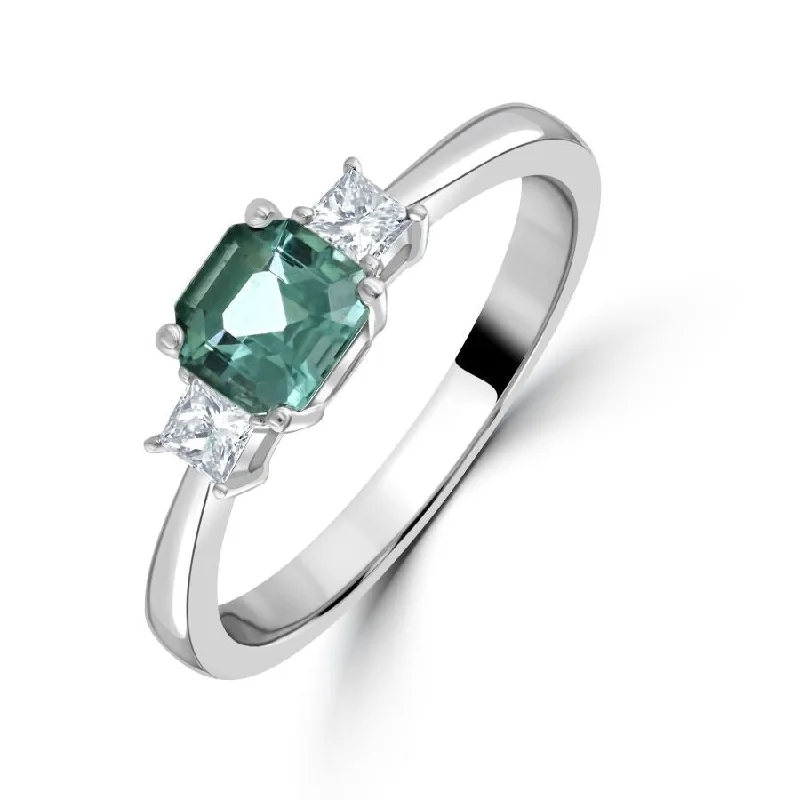 Quirky gem engagement rings-Platinum Octagonal Blue-Green Tourmaline & Diamond Trilogy Ring