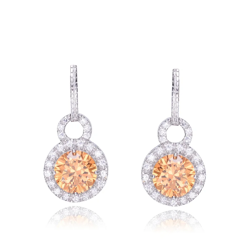 Cubic Zirconia Sterling Silver Rhodium Plated Round Champagne Drop Earrings