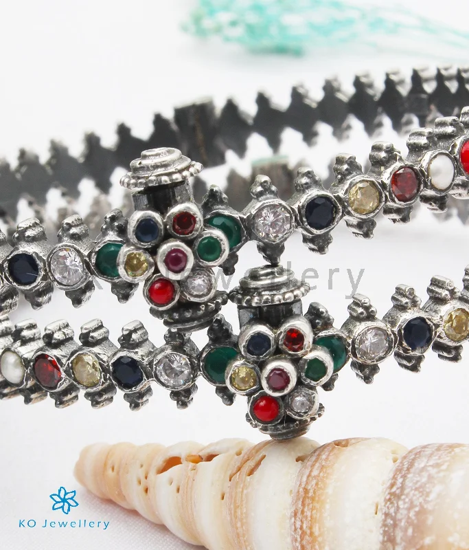 Bead row bangles-The Ambara Silver Navratna Bracelet(Oxidised/Size 2.2/2.4/2.6/2.8)