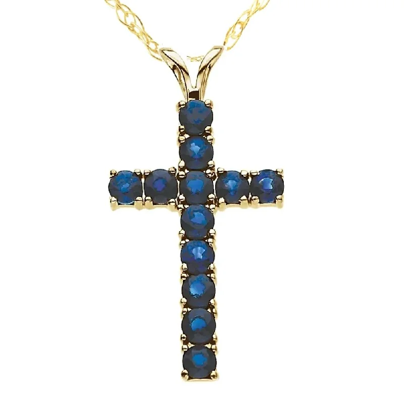 Solid stone necklaces-1 1/5 Ct Genuine Blue Sapphire Cross Pendant Necklace 18" Yellow Gold 1" Tall