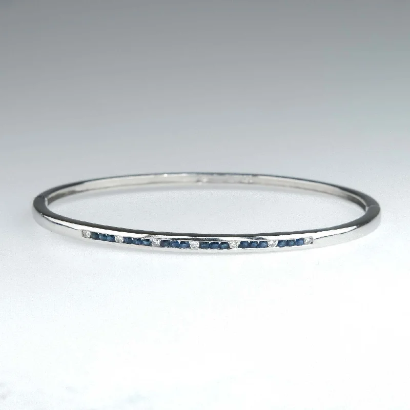 Stone cluster bangles-Sapphire and Diamond Hinged Bangle Bracelet in 14K White Gold