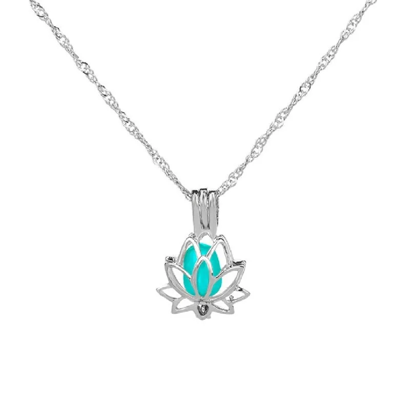 Dainty gem necklaces-Necklace Hollow Lotus Souvenir Gift Alloy Glowing Jewelry Pendant Chain For Women - no