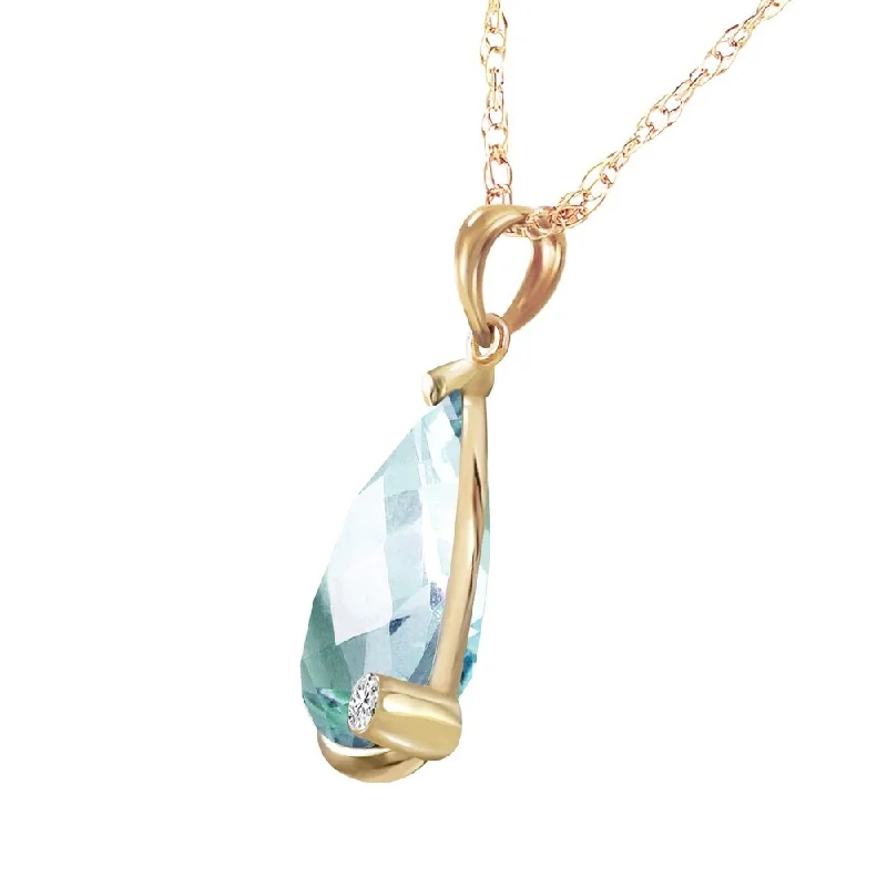 Mixed metal necklaces-14K Solid Gold Necklace with Briolette Checkerboard Cut Blue Topaz & Diamond